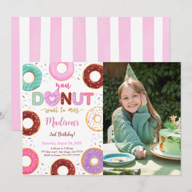 Editable Doughnut Birthday Party Photo Invitation (Front/Back)