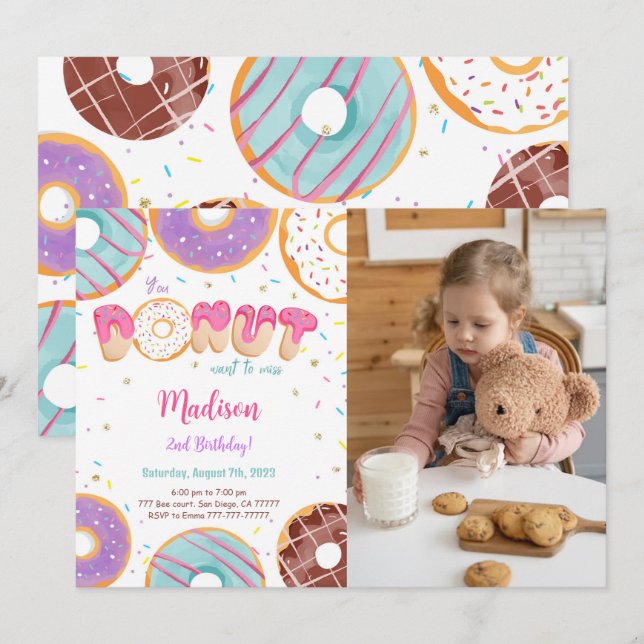 Editable Doughnut Birthday Party Photo Invitation (Front/Back)
