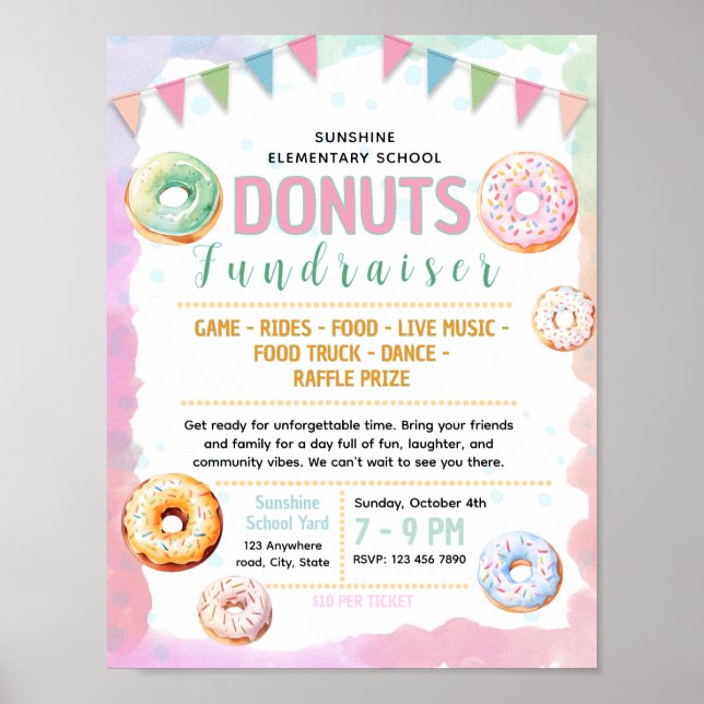 Editable doughnuts fundraiser flyer poster (Front)
