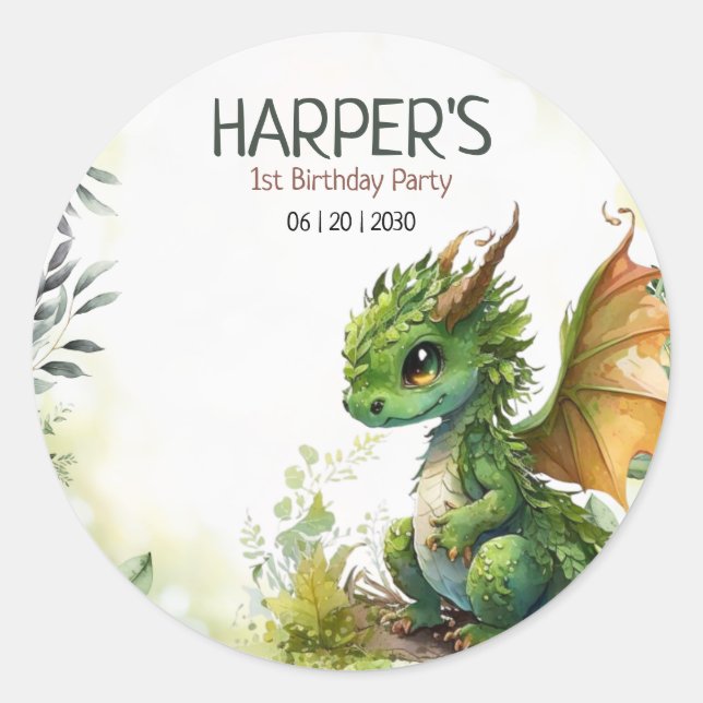 Editable Dragon 1st Birthday Party, Boys Birthday  Classic Round Sticker (Front)