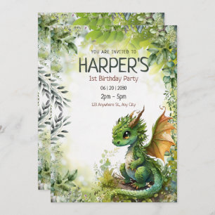 Editable Dragon 1st Birthday Party Invitation
