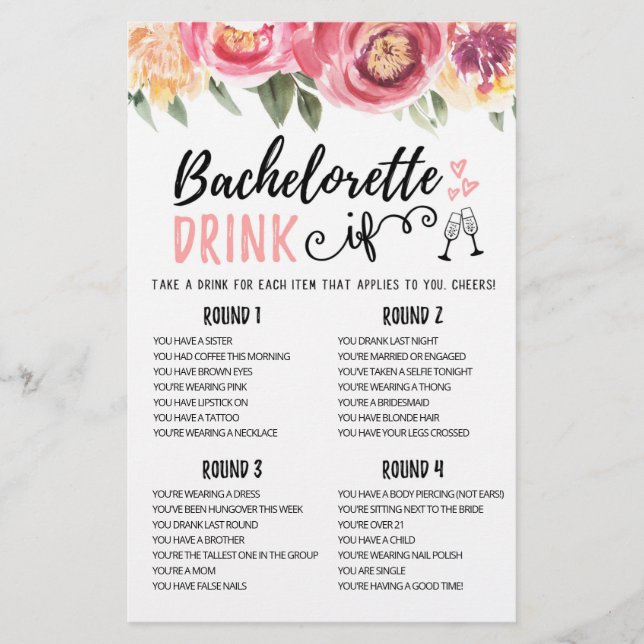 Editable DRINK IF Bachelorette, Hen Party game (Front)
