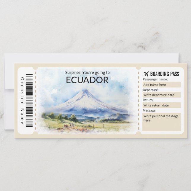 Editable Ecuador Plane ticket, Ecuador Trip Invitation (Front)