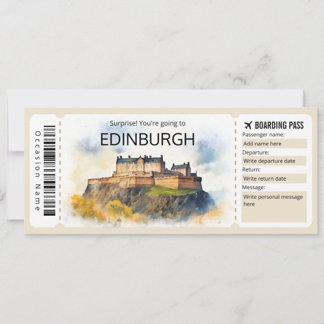 Editable Edinburgh Plane ticket Scotland Trip Invitation (Front)