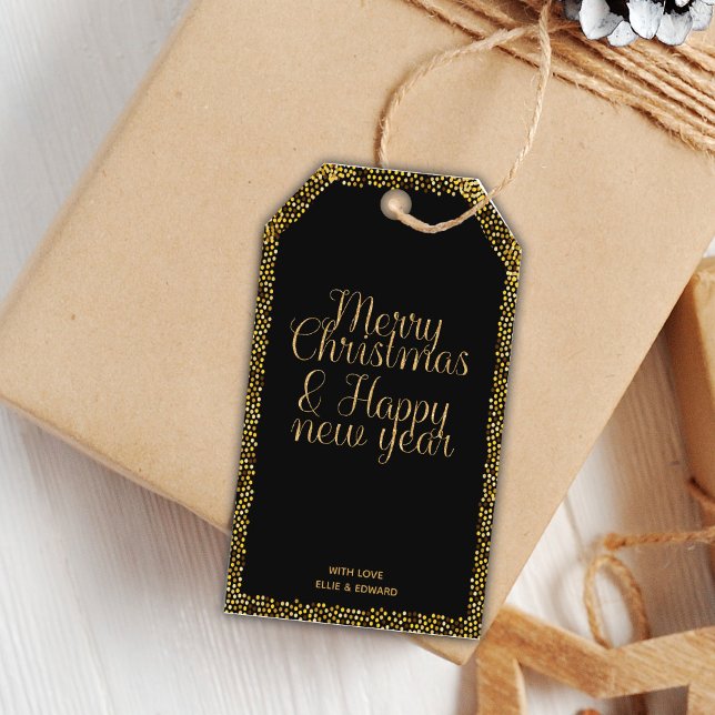 Editable Elegant Holiday Gift Labels (Black Glitter Christmas Favor Tags)