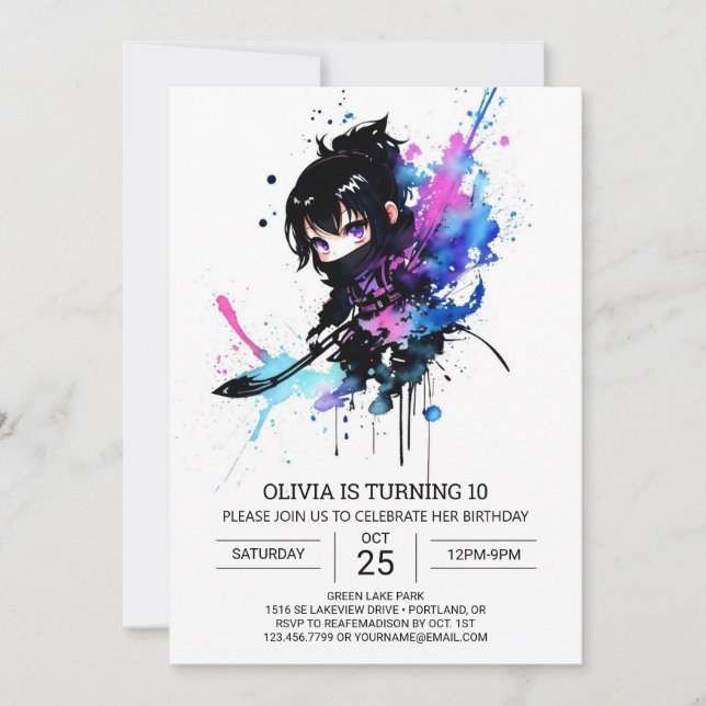 Editable Elegant Ninja Girl Birthday Invitation (Front)