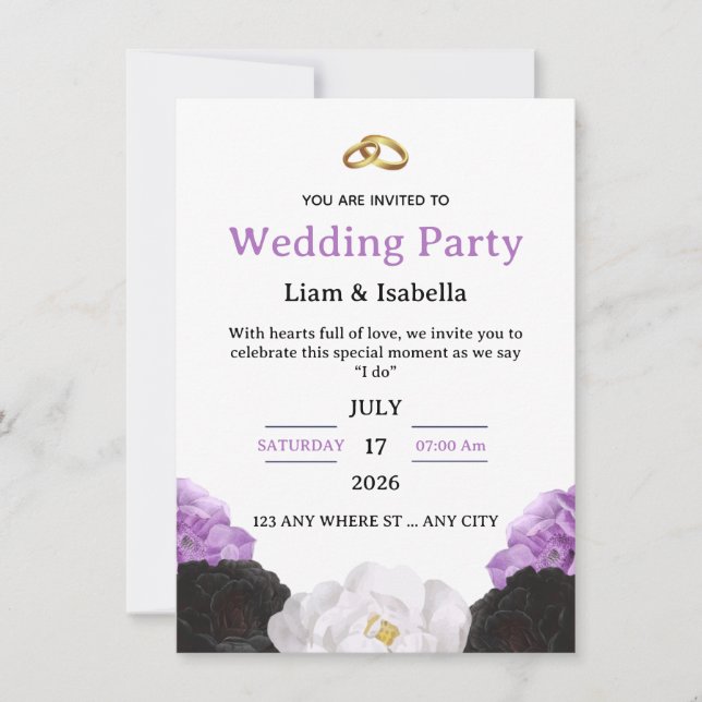 Editable Elegant Purple Floral Wedding Invitation (Front)