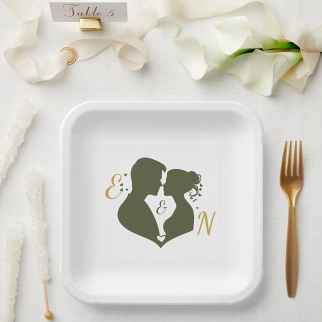 Editable Elegant Sage Gold Wedding Paper Plates (Wedding)