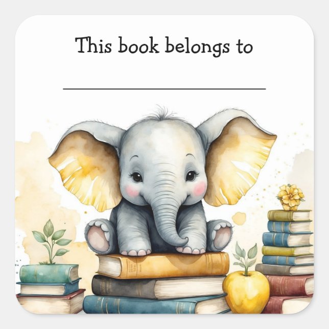 Editable Elephant and Books Bookplate Sticker (Front)