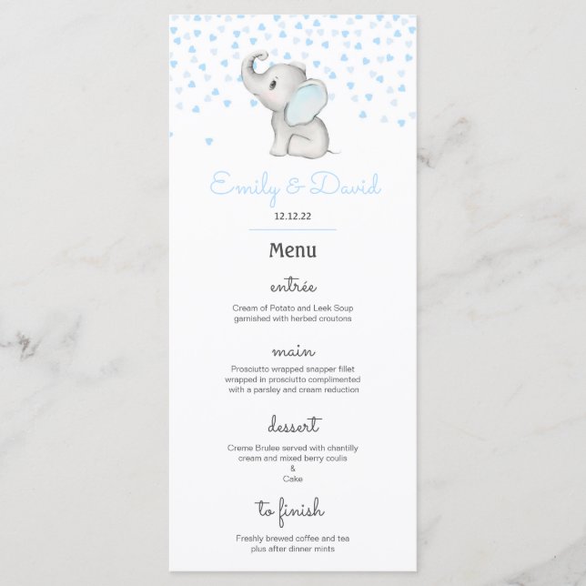 Editable Elephant Party Menu, Baby Shower Menu (Front)