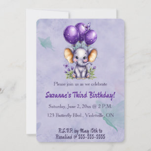 Editable Elephant Three Balloons and a Butterfly Invitation
