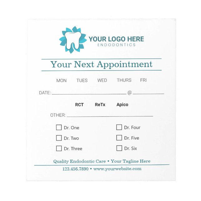 Editable Endodontics Next Appointment Notepad (Front)