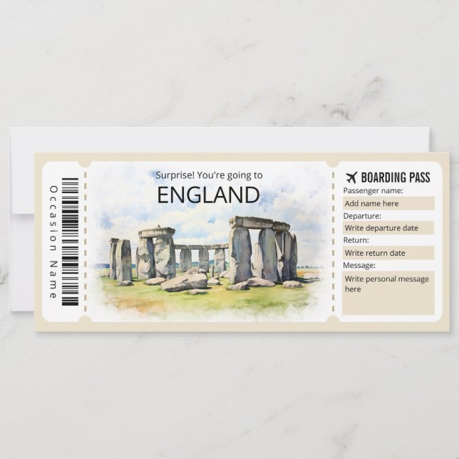 Editable England Plane ticket, England Trip Invitation (Front)
