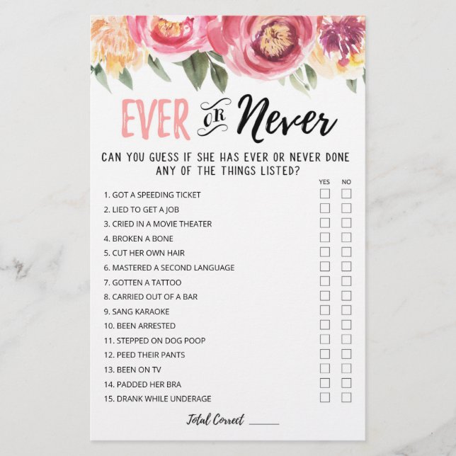 Editable Ever or Never Bridal Shower game (Front)