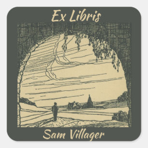 Editable Ex Libris Man Entering Village Bookplate Square Sticker