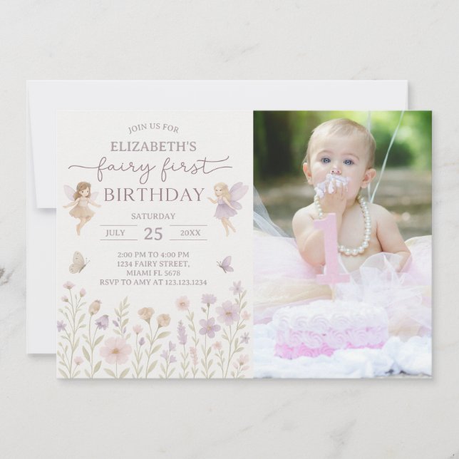 Editable Fairy First Birthday Invitation (Front)