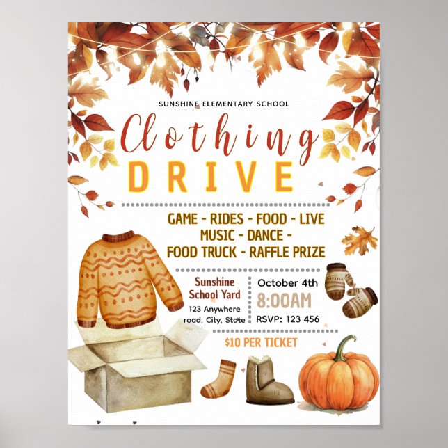 Editable fall clothing drive fundraiser flyer poster (Front)