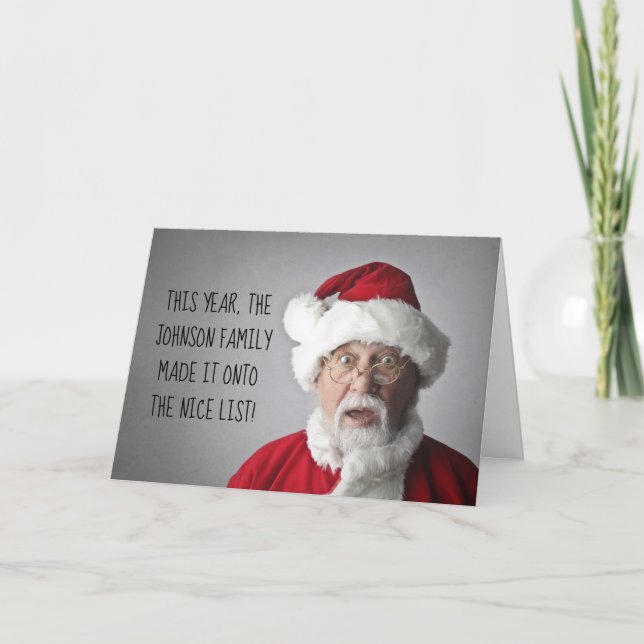 Editable Family Name Fun Santa Nice List Christmas Card (Front)
