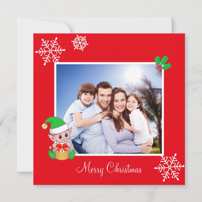 Editable Family Photo & Cute Elf on Red Christmas (Front)