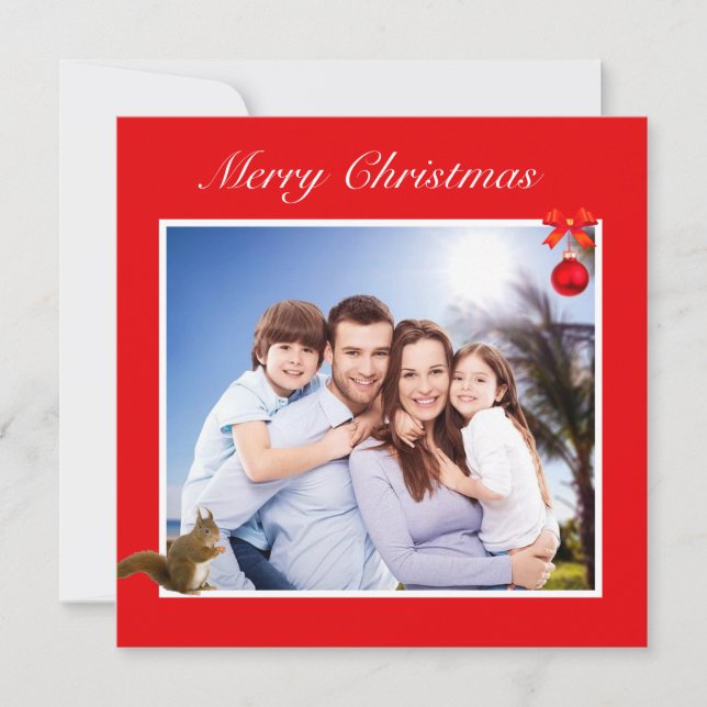 Editable Family Photo & Squirrel on Red Christmas (Front)