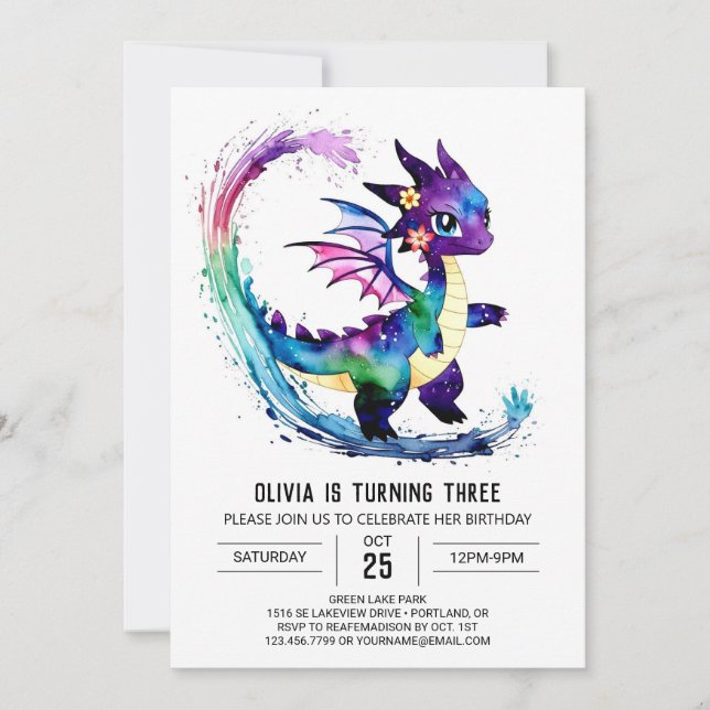 Editable Fantasy Dragon Digital Girl Birthday Invitation (Front)