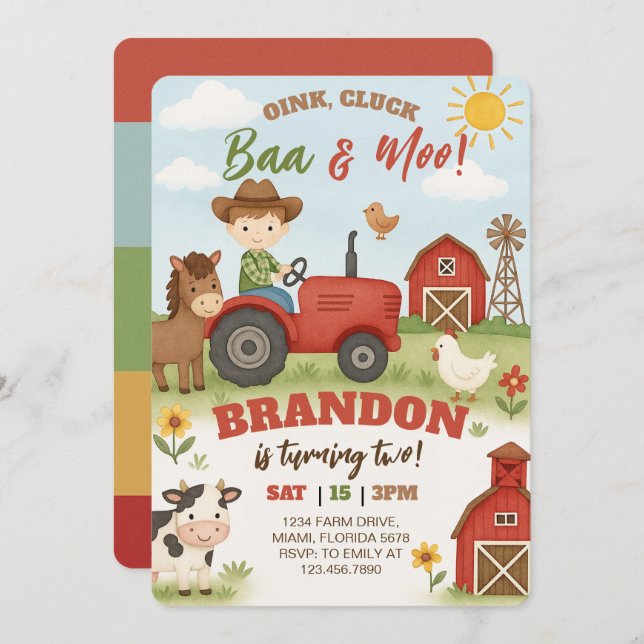 Editable Farm Animals Birthday  Invitation (Front/Back)