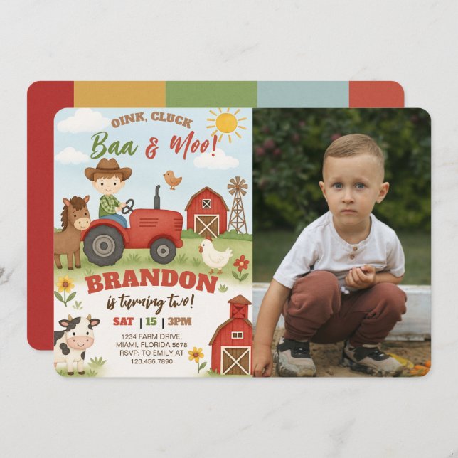 Editable Farm Animals Birthday Photo Invitation (Front/Back)