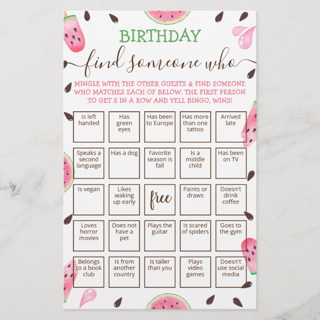 Editable Find Someone Who Game Bingo game (Front)
