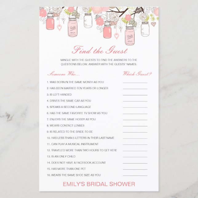Editable Find the Guest Bridal Shower Game (Front)