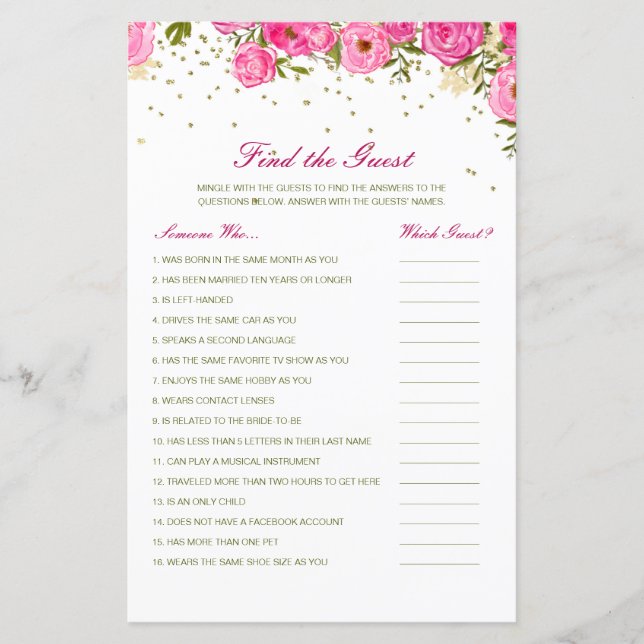 Editable Find the Guest Bridal Shower Game (Front)