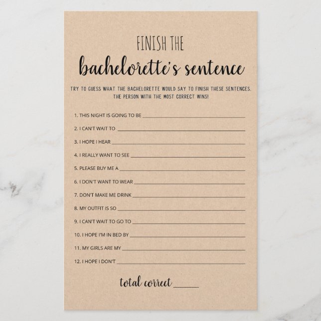 Editable Finish the Bachelorette's Sentence Game (Front)