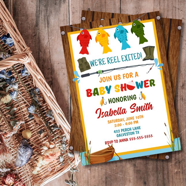 Editable Fishing Baby Shower  Invitation (Rustic & colorful fishing baby shower invite – perfect for new parents, any gender!)