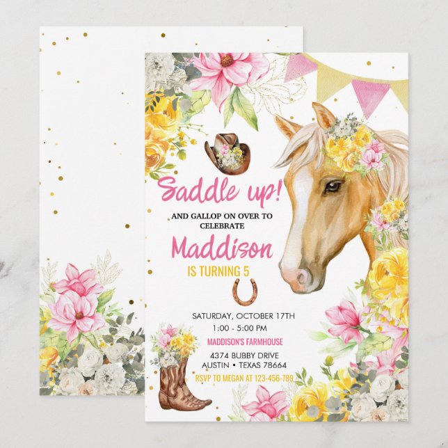 Editable Floral Cowgirl Horse Birthday  Invitation (Front/Back)