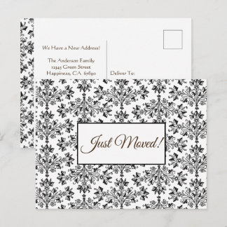 Editable Floral Damask Black On White Just Moved Postcard