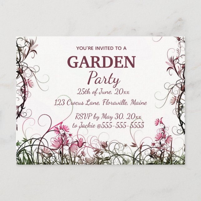 Editable Floral Garden Party Invitation Postcard (Front)