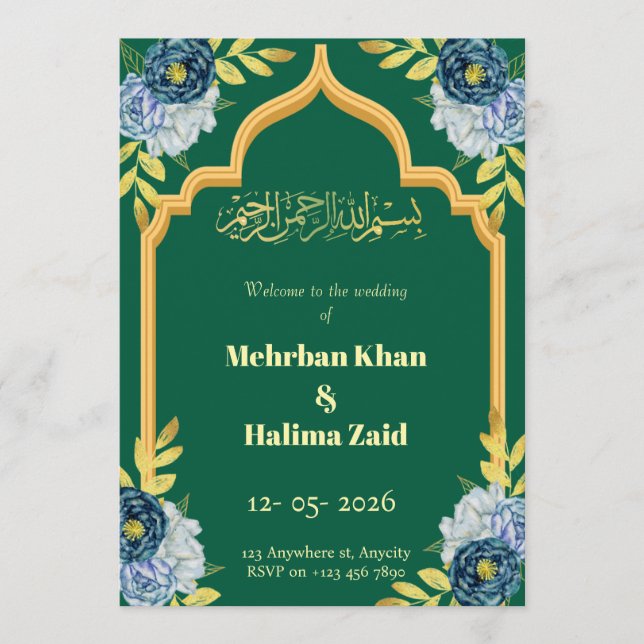 Editable floral Muslim wedding invitation Green  (Front)
