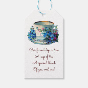 Editable Flowers and Cup With Gold Rim Tea Pouch Gift Tags