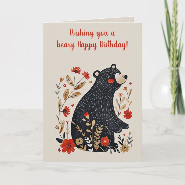 Editable Folk Art Black Bear Birthday Card (Front)