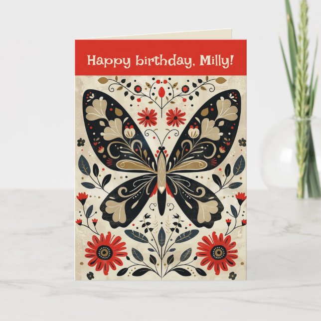 Editable Folk Art Butterfly Birthday  Card (Front)