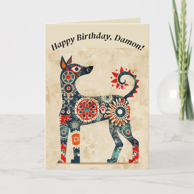 Editable Folk Art Dog Birthday Card (Front)