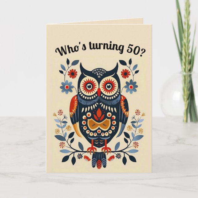 Editable Folk Art Owl and Flowers Card (Front)