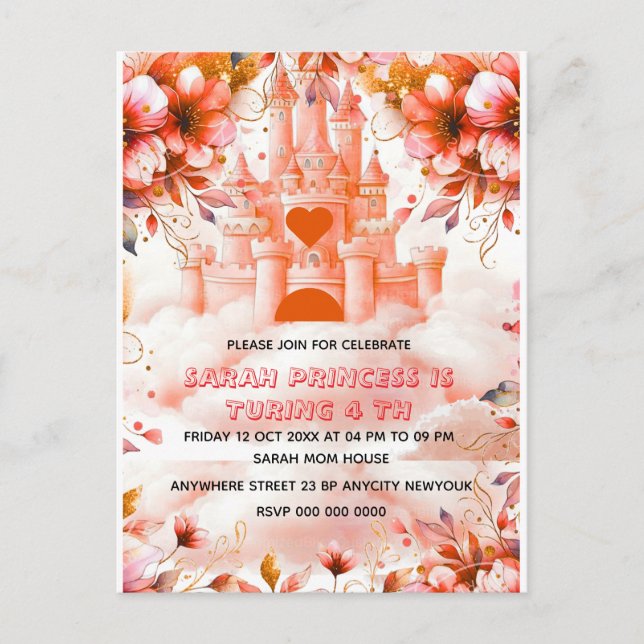Editable Four ever a Princess 4th Birthday Invitat Announcement Postcard (Front)