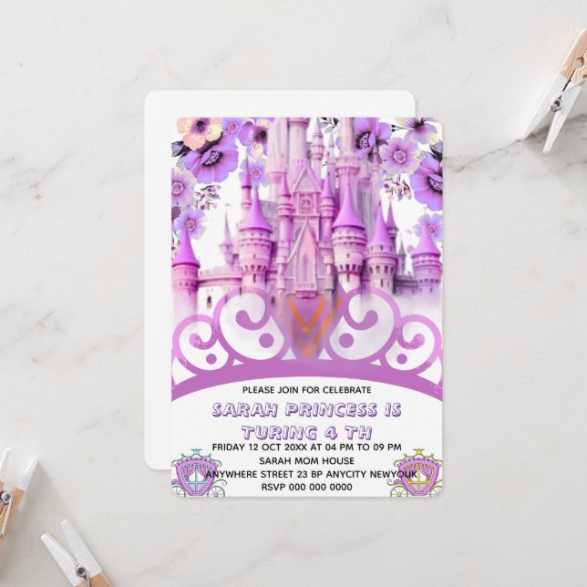 Editable Four ever a Princess 4th Birthday Invitat Invitation (Front/Back In Situ)