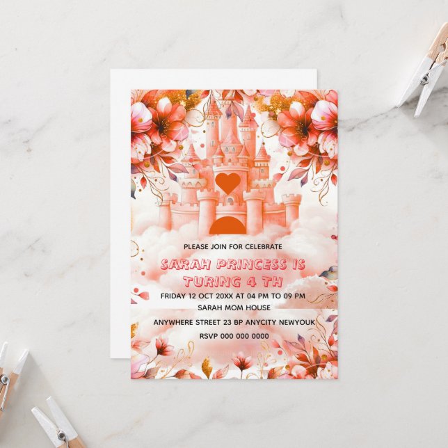 Editable Four ever a Princess 4th Birthday Invitat Invitation (Front/Back In Situ)