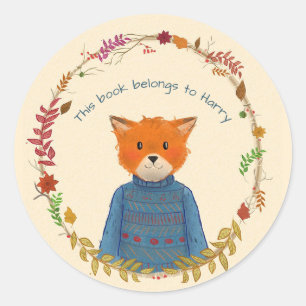 Editable Fox in a Blue Sweater and Wreath Classic Round Sticker