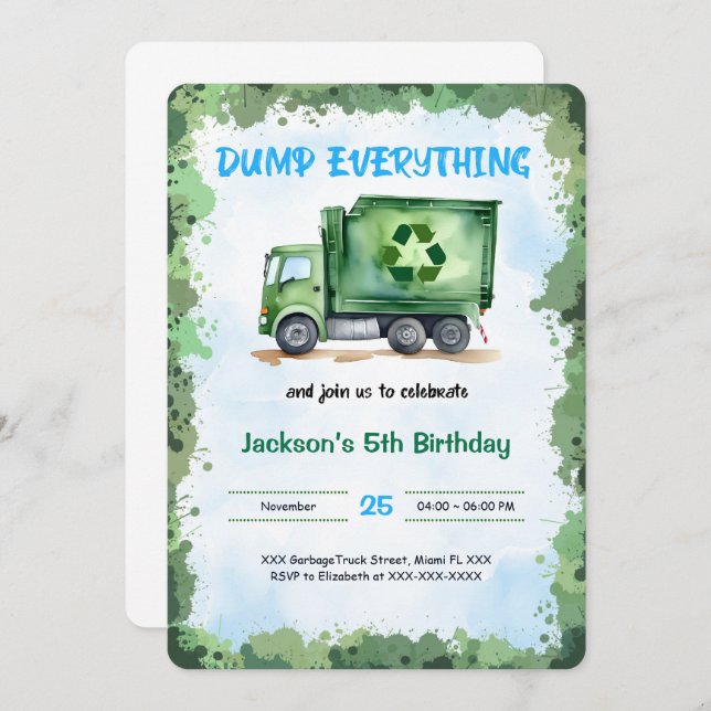 Editable Garbage Truck Birthday Party Invitation (Front/Back)
