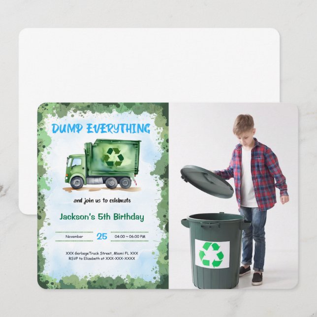 Editable Garbage Truck Birthday Party Photo Invitation (Front/Back)
