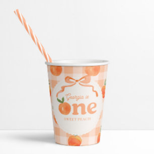 Editable Gingham Peach Paper Cups
