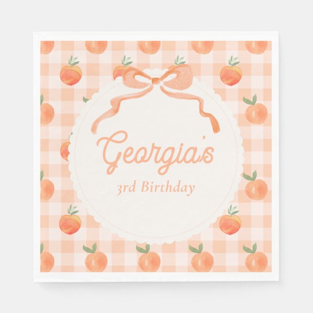 Editable Gingham Peach Party Napkins (Front)