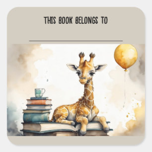 Editable Giraffe and Books Bookplate Sticker